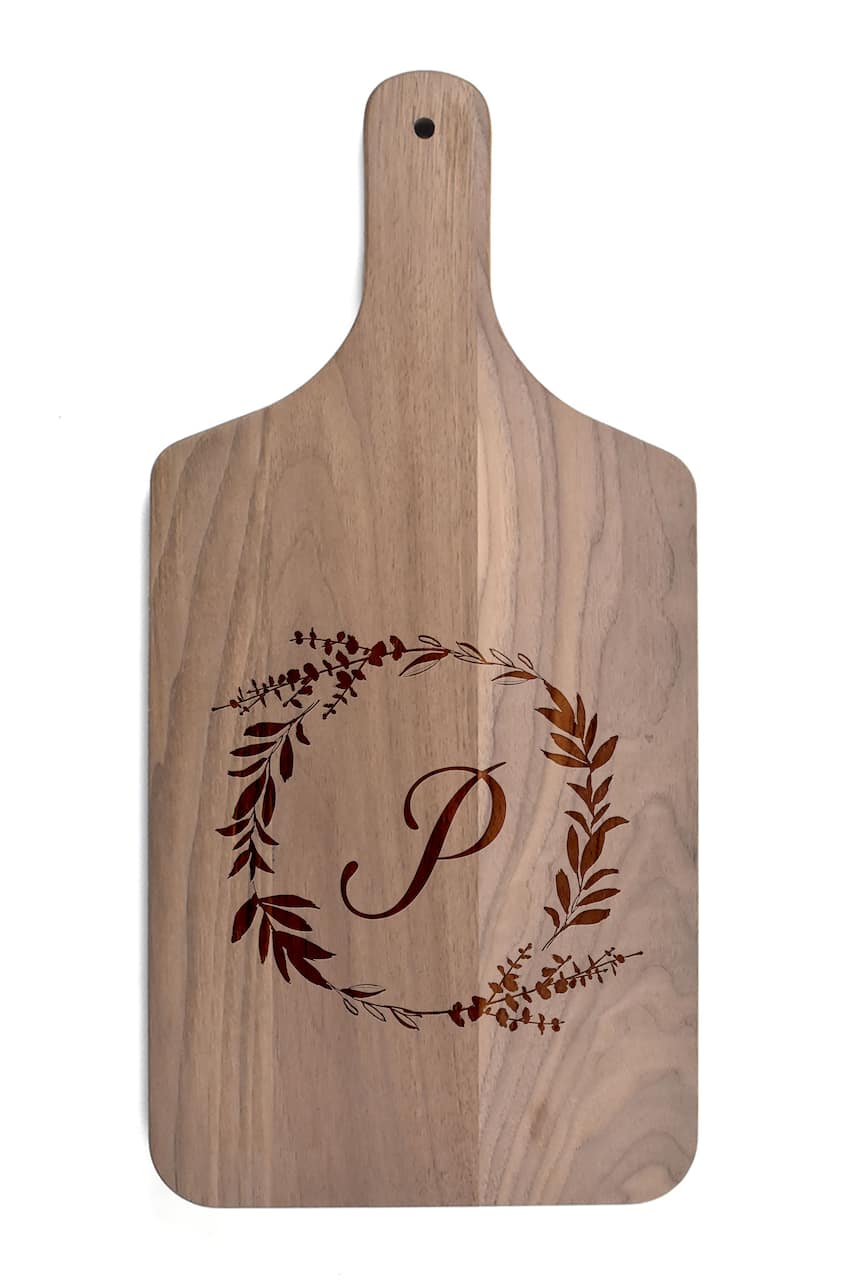 Floral Wreath Monogram Walnut Paddle Cutting Board